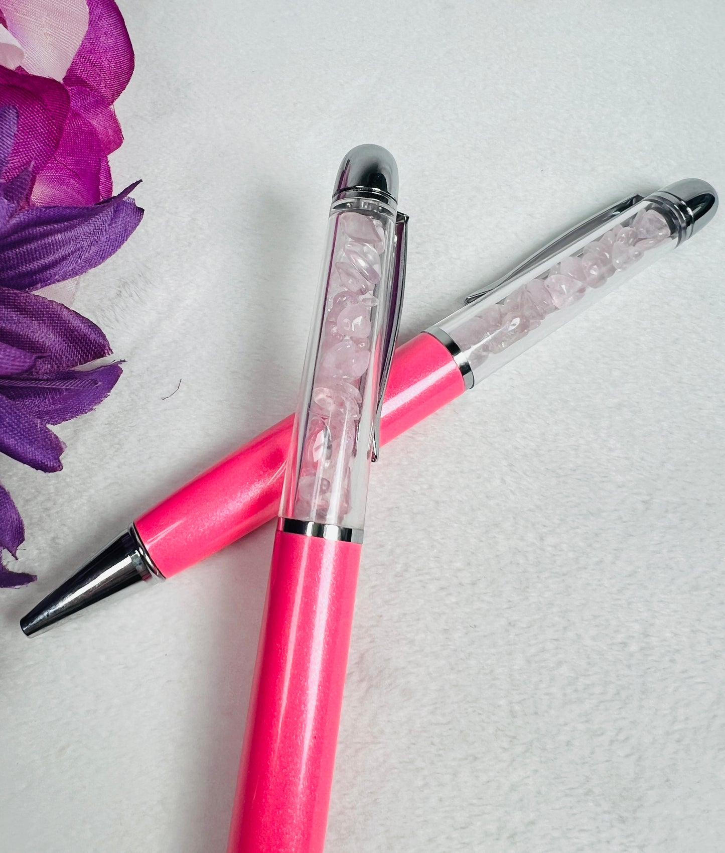 Pink Barrel Pen filled with Rose Quartz Stones