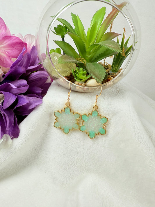 Teal and White Glitter Snowflake Dangle Earrings