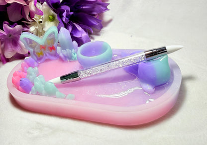 Pastel Pink/Purple/Teal Fairy Tray with Sleeping Kitty