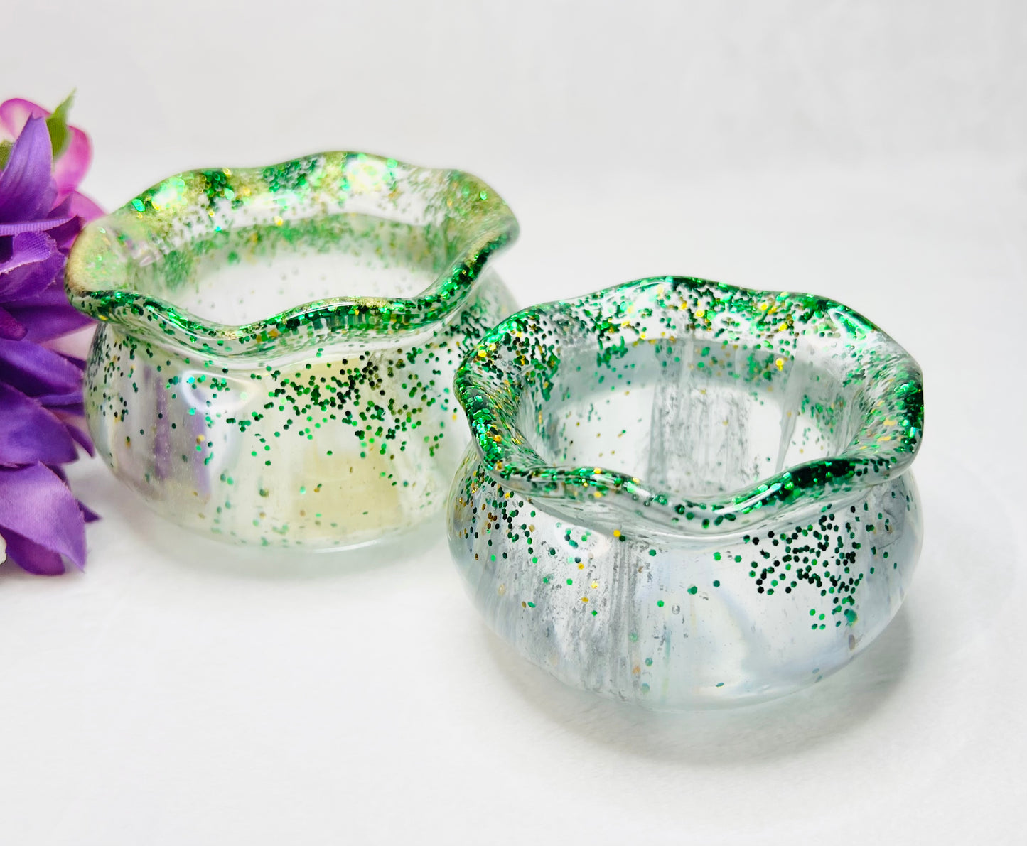 Gold and Green Glitter Large and Small Resin Jewelry Bowl Set