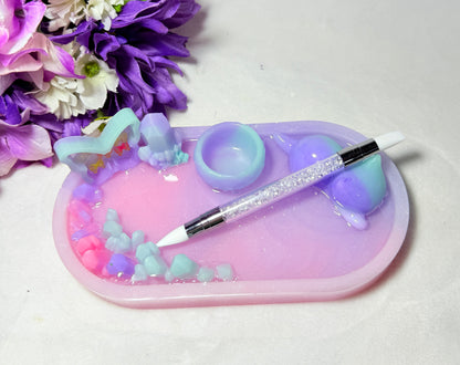 Pastel Pink/Purple/Teal Fairy Tray with Sleeping Kitty