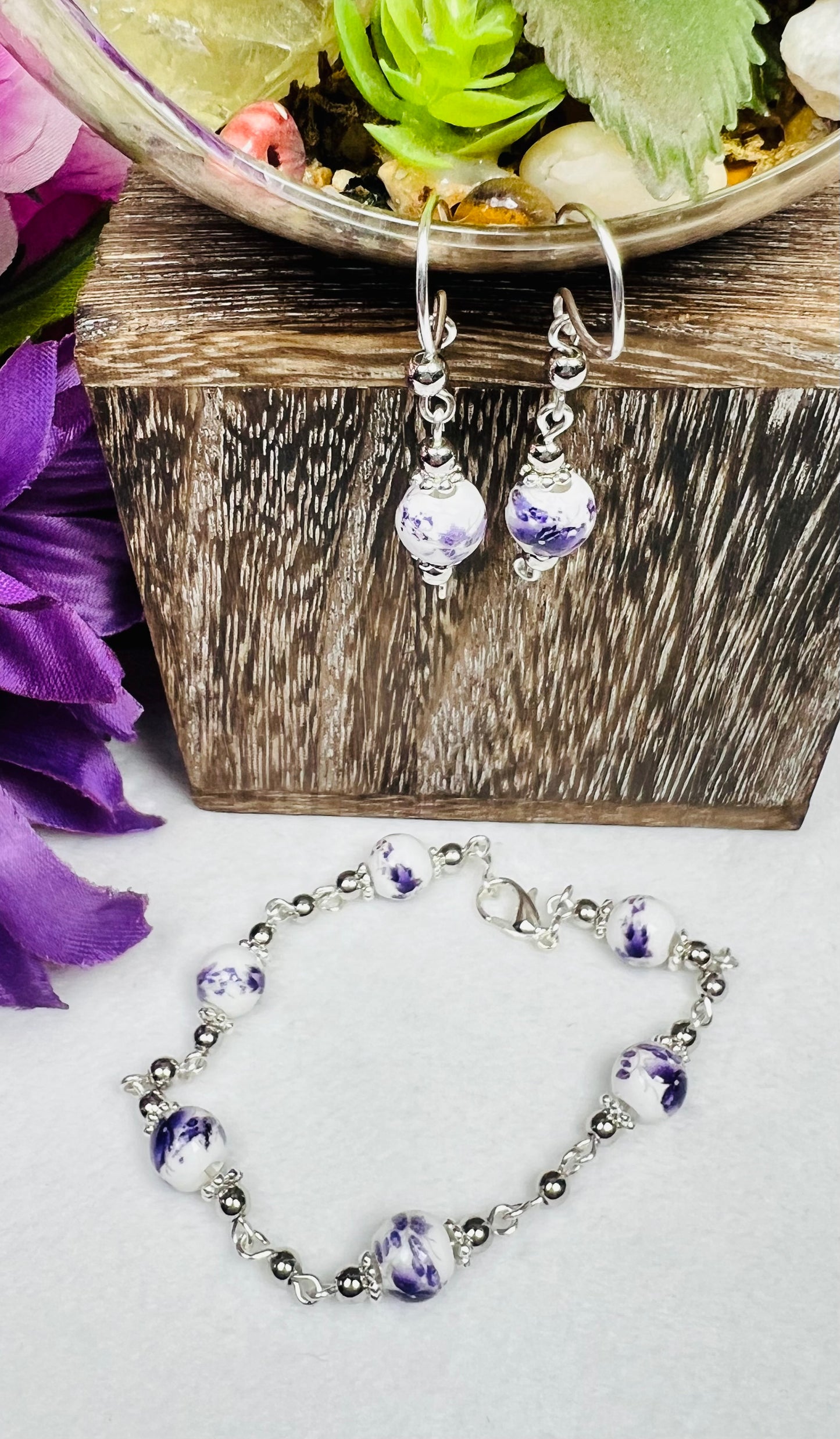 Dainty Glass Bead Bracelet and Dangle Earrings