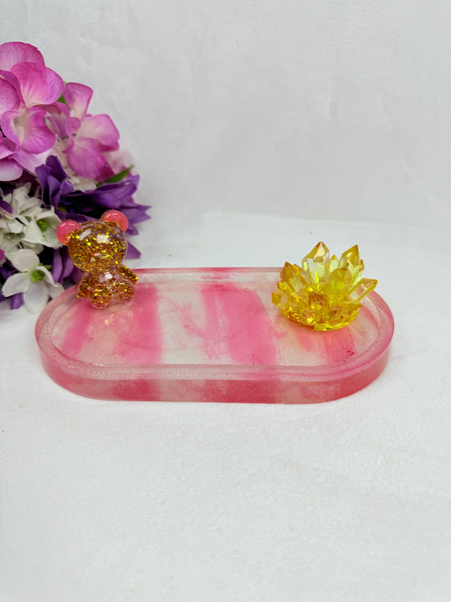 Pink/Silver Tray featuring Glitter Bear and Citrine Crystal all in Resin