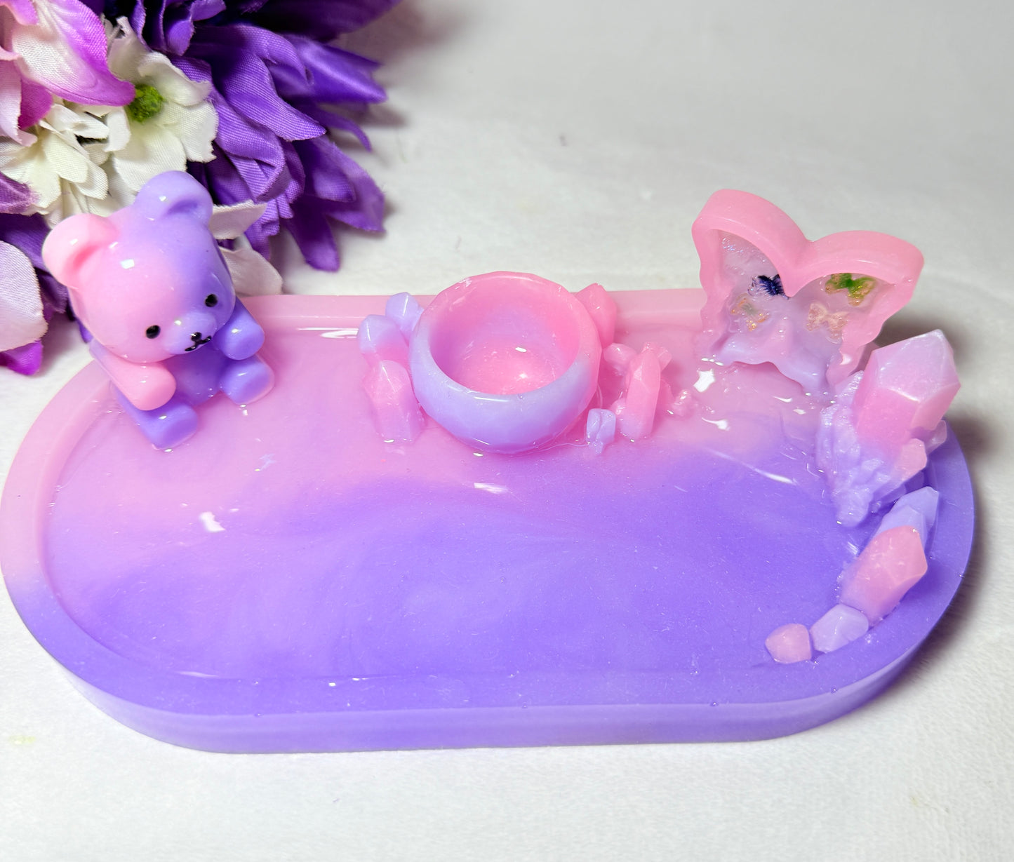 Pastel Purple/Punk Fairy Tray with Teddy Bear, Bowl and Crystals