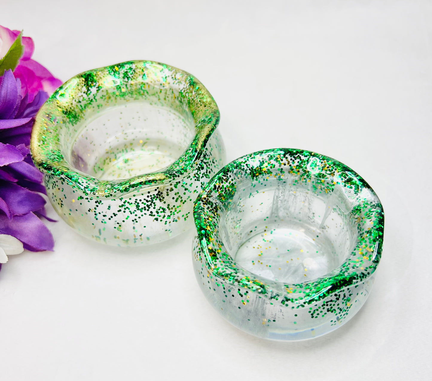 Gold and Green Glitter Large and Small Resin Jewelry Bowl Set