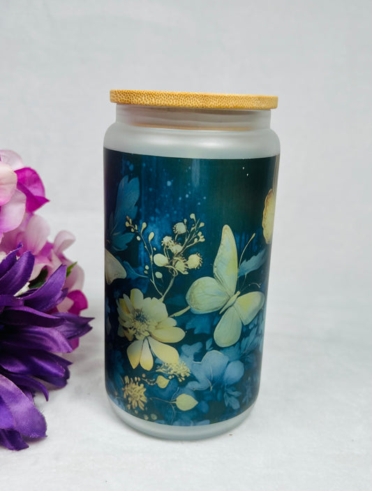 16 ounce Botanical and Butterfly Glass Cup