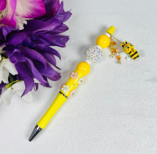 Yellow Flower and Bee Beaded Pen