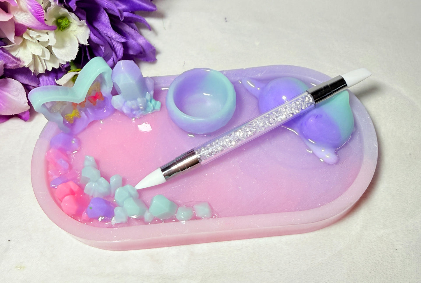 Pastel Pink/Purple/Teal Fairy Tray with Sleeping Kitty