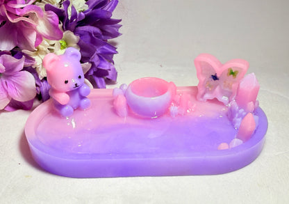 Pastel Purple/Punk Fairy Tray with Teddy Bear, Bowl and Crystals