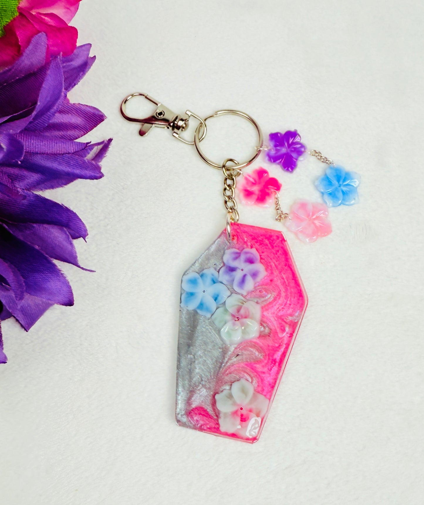 Pink and Silver Coffin with Flower Bobbles Keychain