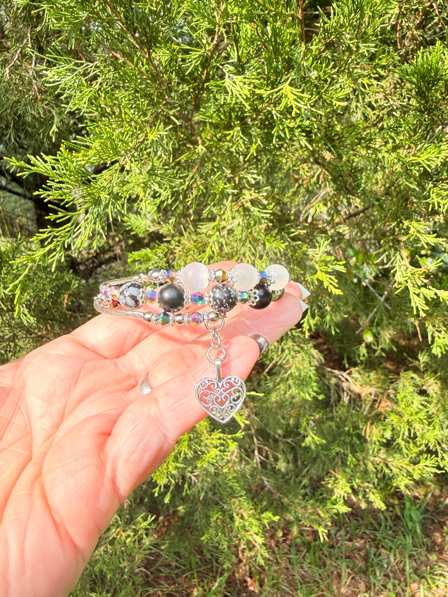 Snowflake Obsidian and Milky Quartz Bangle