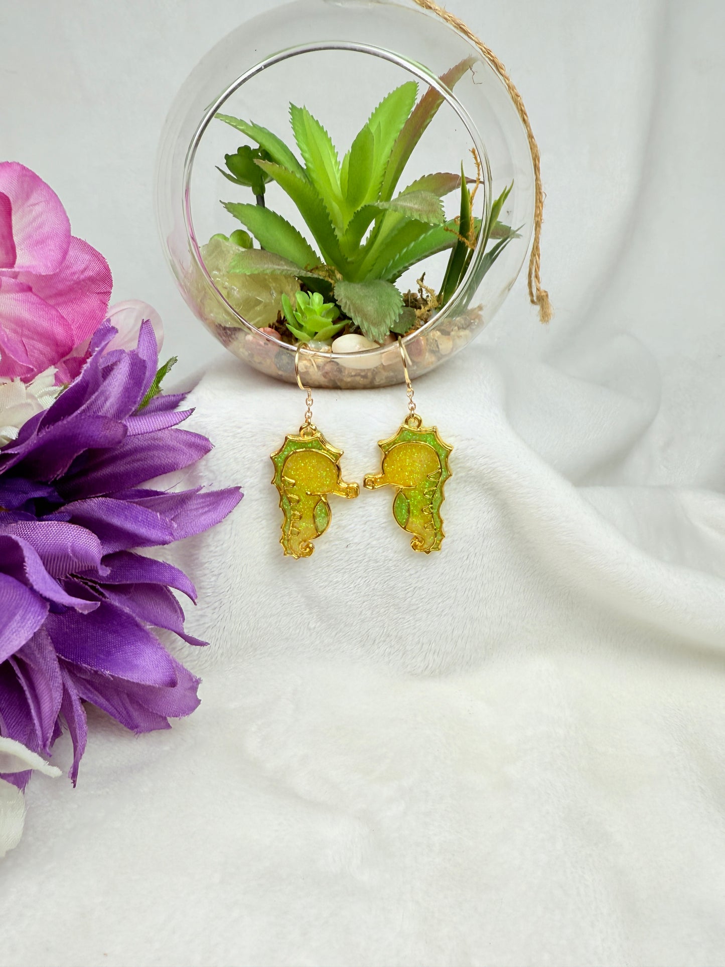 Green and Yellow Seahorse Dangle Earrings