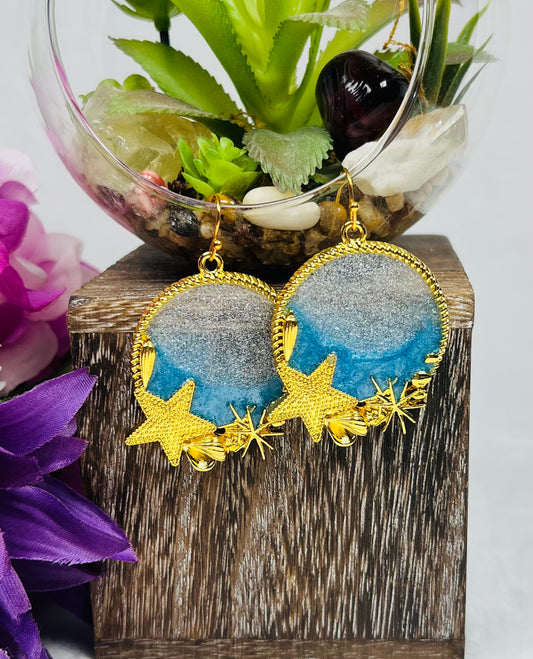Blue and Pearl Beach Resin Dangle Earrings