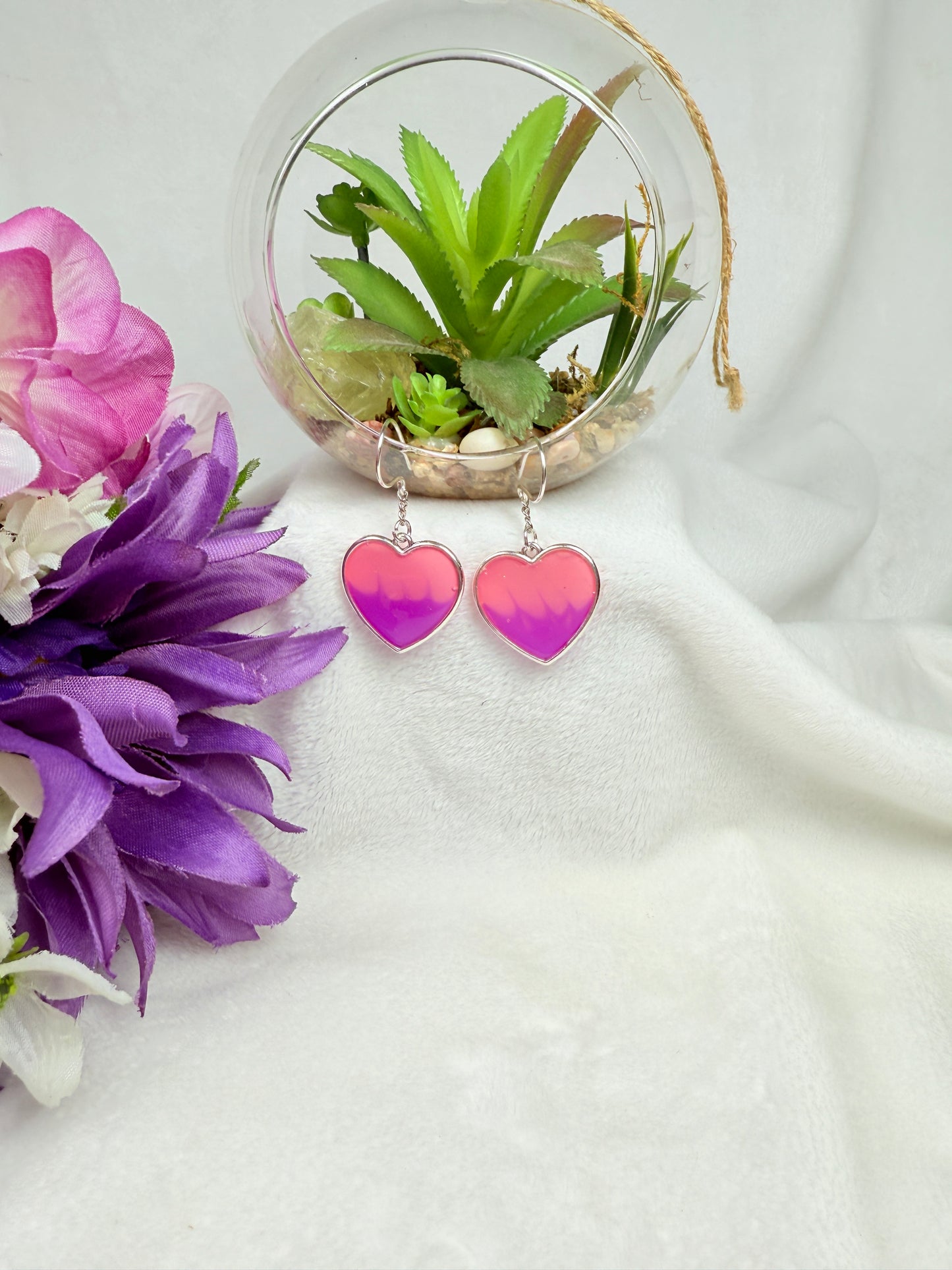 Pink and Purple Heart Dangle Earrings