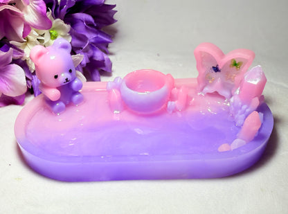 Pastel Purple/Punk Fairy Tray with Teddy Bear, Bowl and Crystals