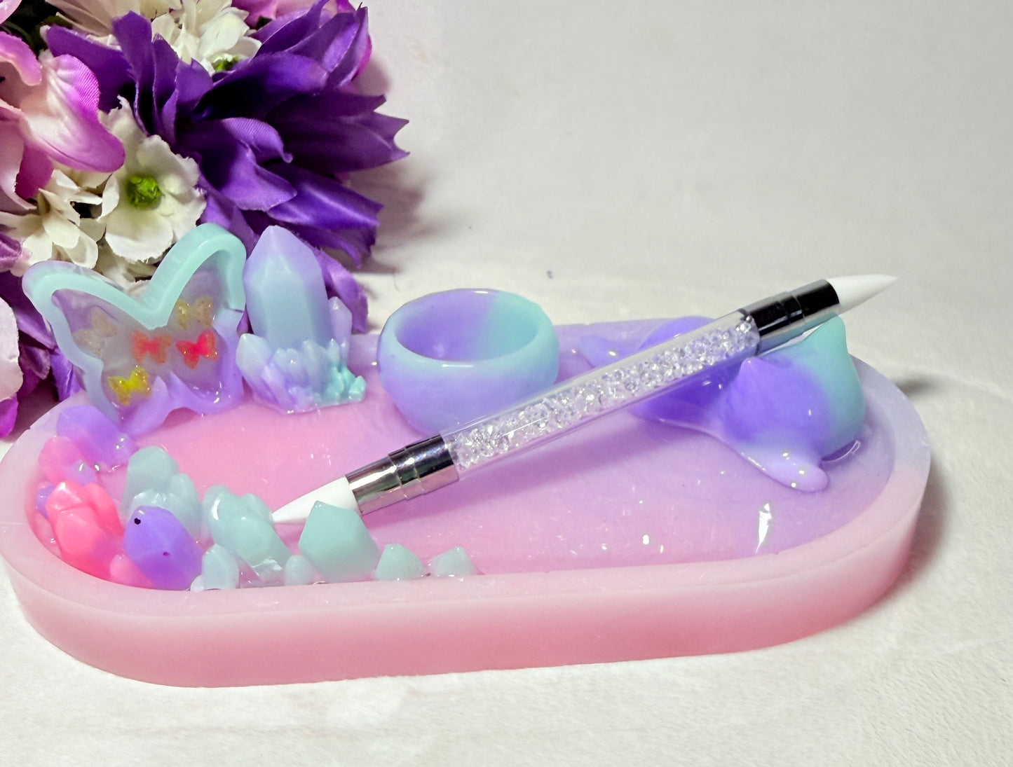 Pastel Pink/Purple/Teal Fairy Tray with Sleeping Kitty