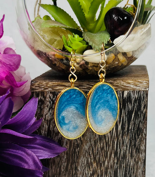 Blue and Pearl Oval Resin Dangle Earrings