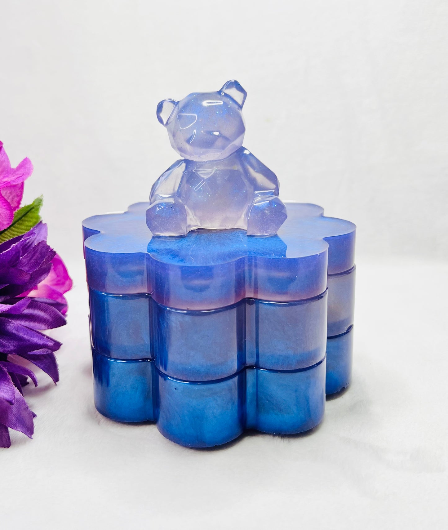 Purple Stackable Resin Jewelry Box with Light Purple Bear Topped