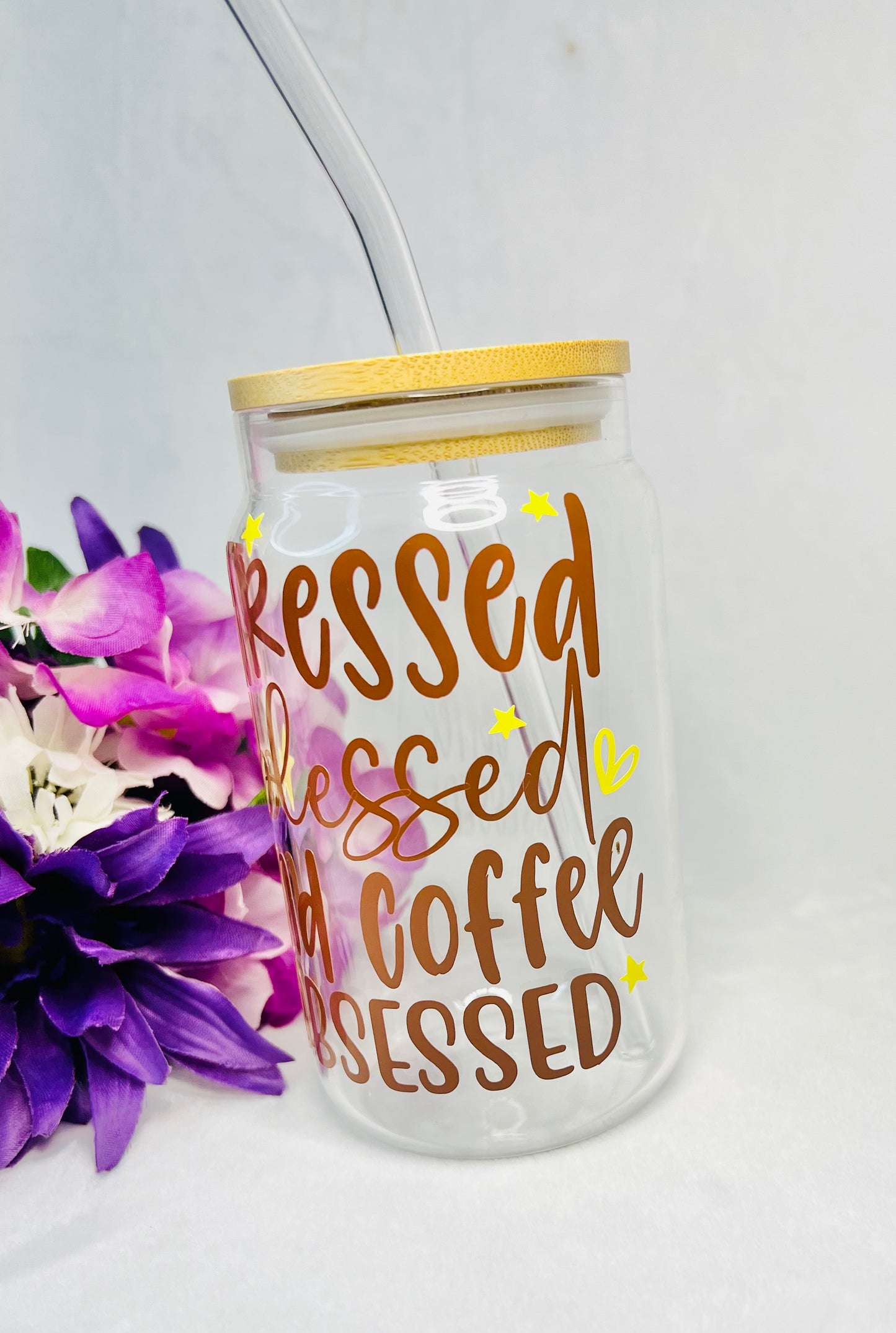 16 Ounce Stressed, Blessed and Coffee Obsessed Glass with bamboo lid and draw