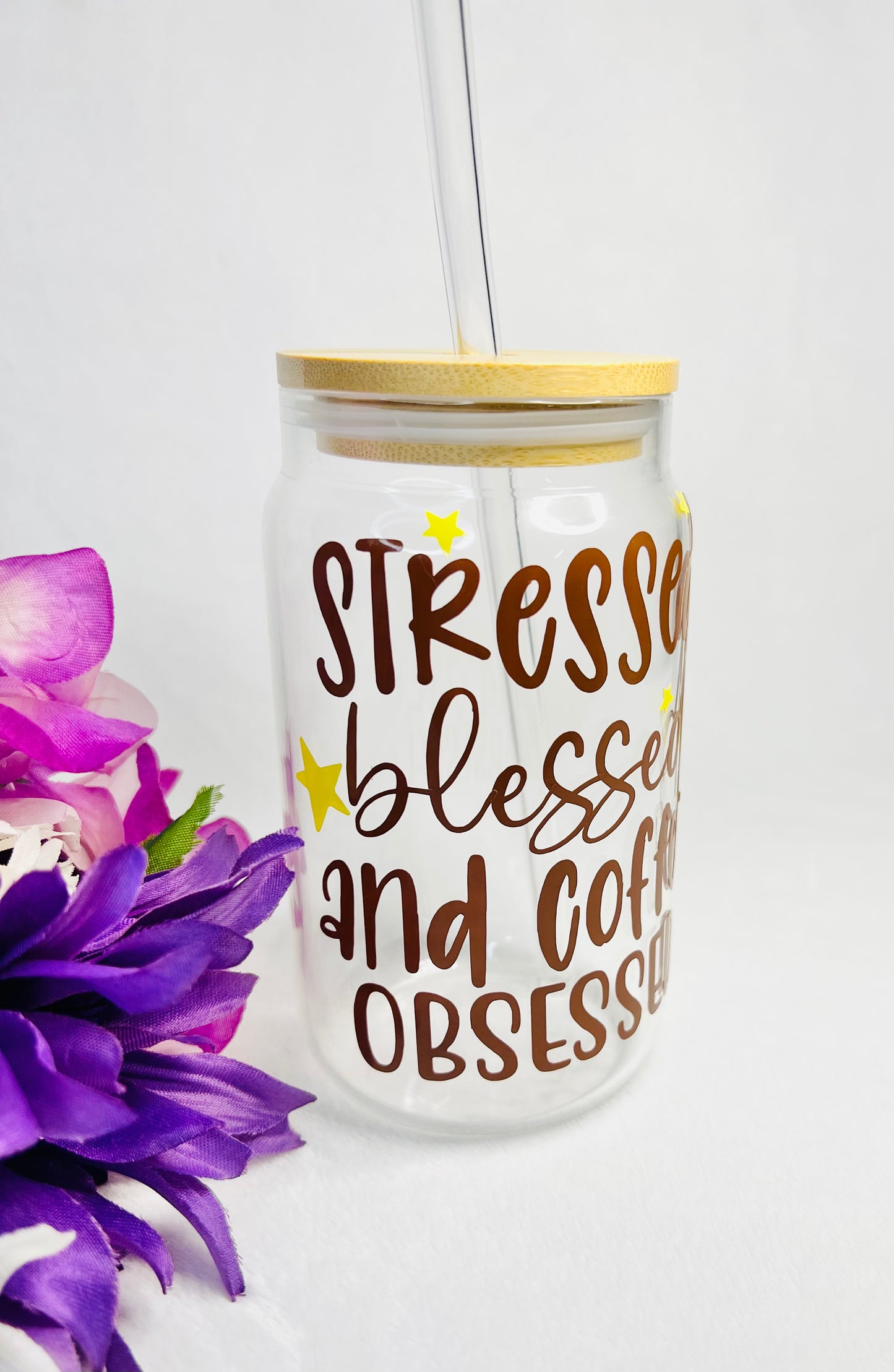 16 Ounce Stressed, Blessed and Coffee Obsessed Glass with bamboo lid and draw