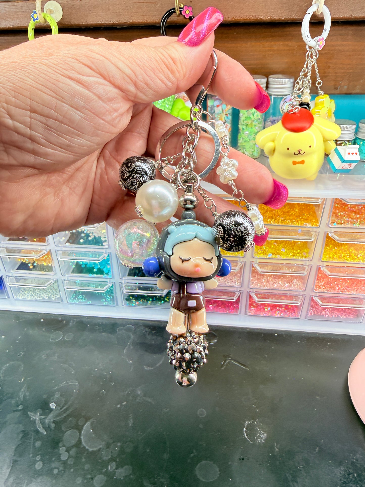 Blue Hair Top Knot Girl Junk Keychain/Bag Charm